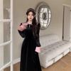Velvet Midi Dress Women Fall Winter Plus Size A-Line Elegant Turn-Down Collar Wrap Waist Contrast Color