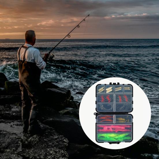 Sada umělých nástrah a outdoorových rybářských doplňků s krabičkou na náčiní, realistický design, jasné barvy, ostré jigové háčky, rybářské nářadí