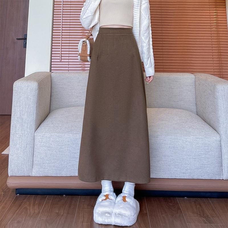 

Women s Woolen Skirt Autumn and Winter New Slit Mid-length Skirt High Waist Slim Plus Size Fashionable All-match Hip Skirt 4XL колір темно кави