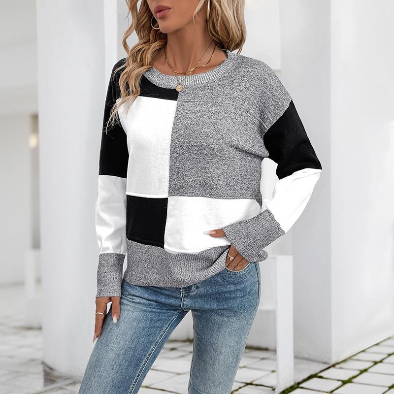 

New Personalized and Trendy Loose Square Color-blocking Long-sleeved Sweater for Women In Autumn and Winter S сірий колір