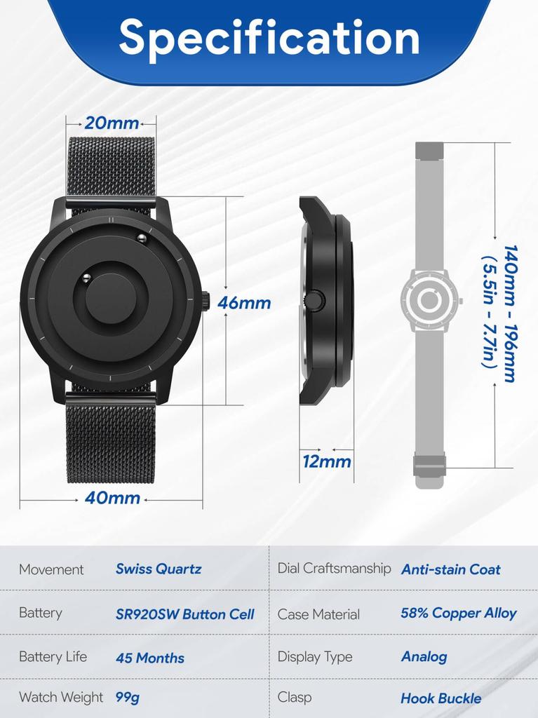 EUTOUR Magnetic Wristwatch Men Quartz Minimalist Casual Waterproof 40MM Black Dial Black Stainless Steel Mesh Band