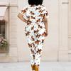 Women Plus Size White Printed Two Piece Set Short Sleeve Top Pocket Pants