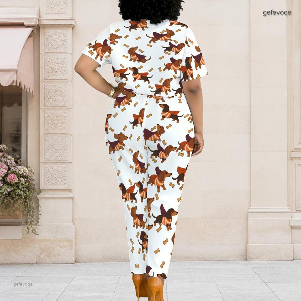 Women Plus Size White Printed Two Piece Set Short Sleeve Top Pocket Pants