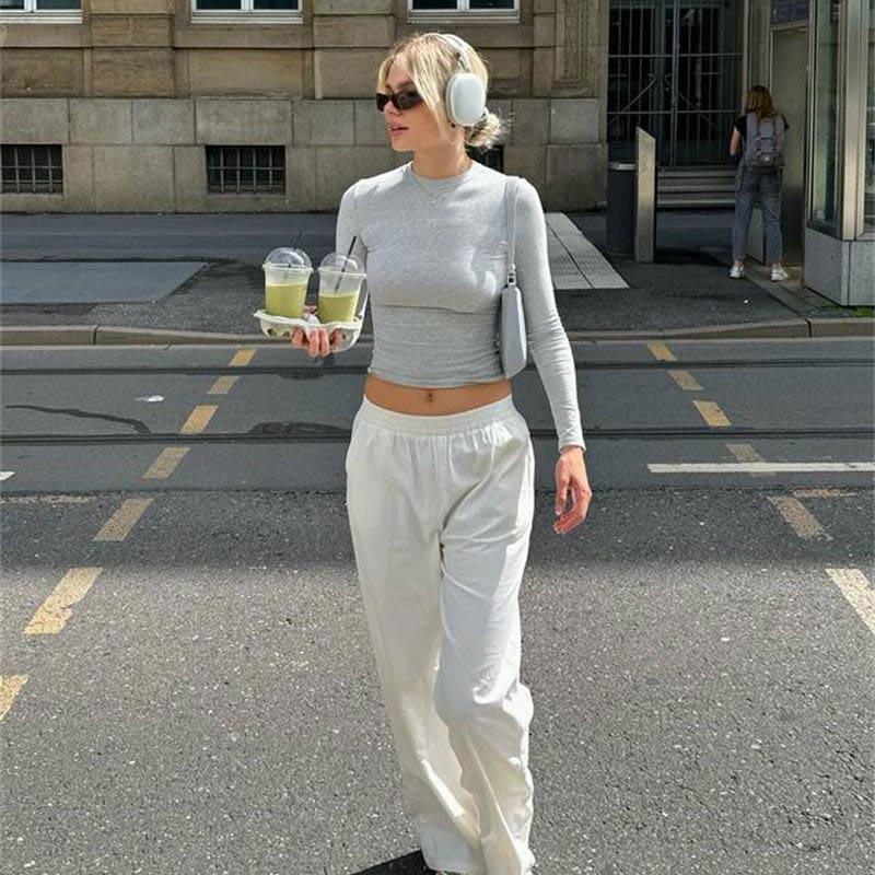 Solid Basic T Shirt Women Versatile Slim Fit Crew Neck Full Sleeve Pullovers Spring Autumn Lady Simple Crop Tops