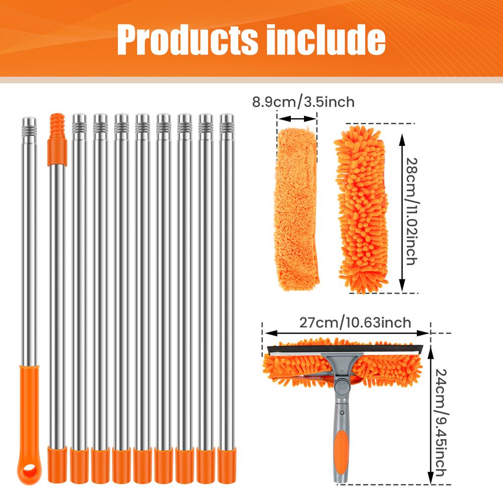 Extended Window Cleaning Kit 2 in 1 Double Sided Glass Squeegee Cleaner Duster Mop 180° Swivel Window Cleaning Tools