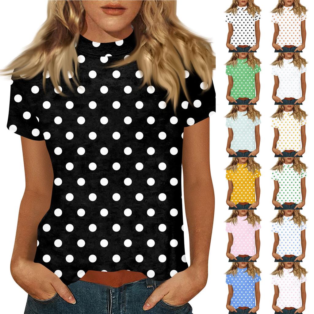 Damen Kurzarm Rundhals Gepunktetes Lässiges Lockeres T-Shirt Weiches Leichtes Bequemes Oberteil