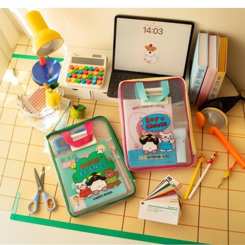 Colorful Cute Large Capacity File Bag, Transparent Document Handbag For Student Exams, A4 Zipper Paper Storage Bag