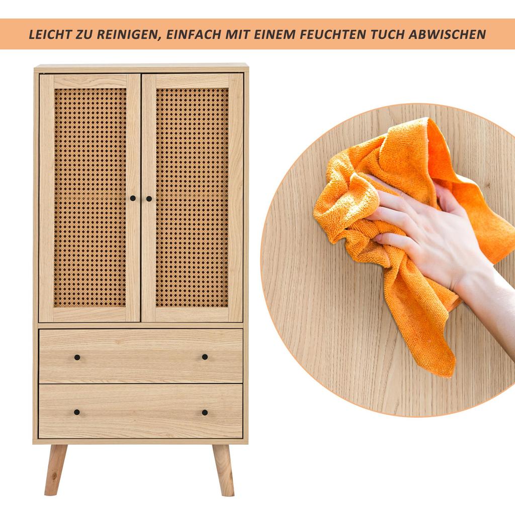 Flieks Chest of Drawers with 2 Large Drawers and 2 Doors, Bathroom Cabinet Made of Wood with Rattan Doors, 60 X 40 X 120 Cm