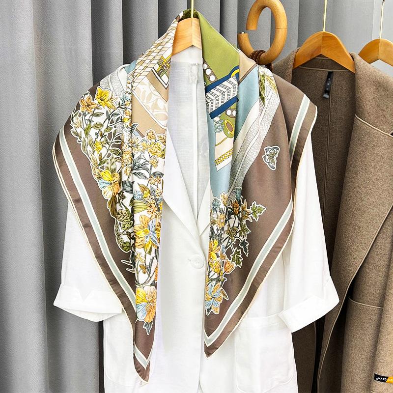 Large Square Scarf Printed Silk Scarf Women'S Spring And Autumn Shawl Yarn Flower Leaf Headscarf Twill Silk Scarf Headscarf