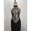 Womens Black Sexy Hollow Out Slim Fit Backless Halter Long Party Dress