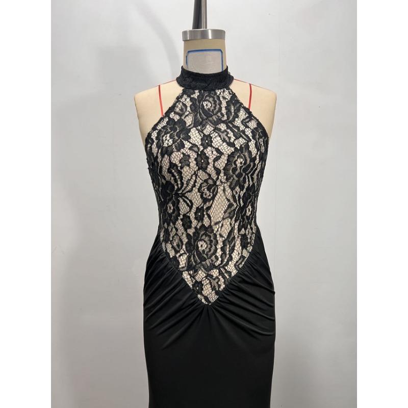 Womens Black Sexy Hollow Out Slim Fit Backless Halter Long Party Dress
