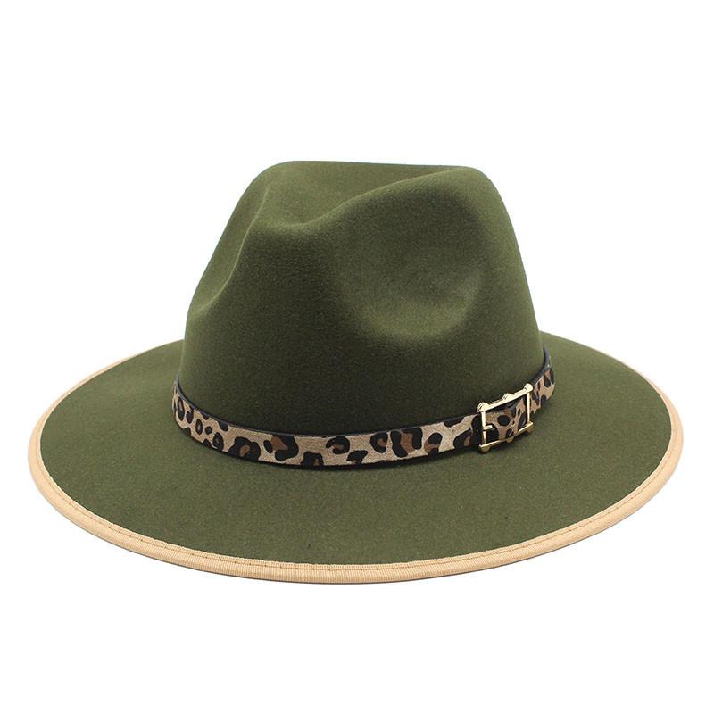 British Hemming Woolen Top Hat Casual Big Brim Men'S Retro Felt Hat Leopard Print Jazz Hat