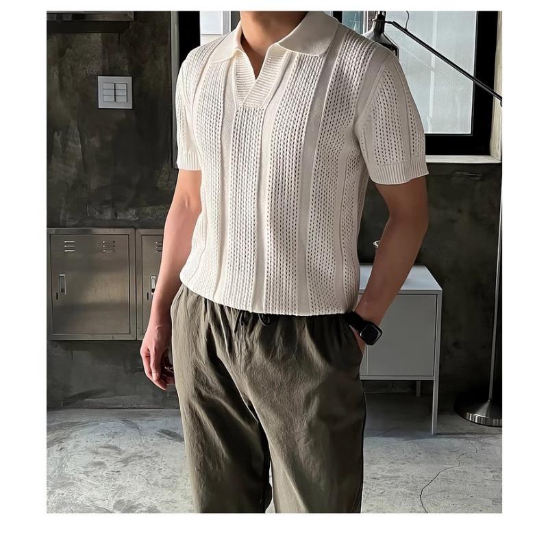 Men S Knitted Polo Shirt Short Sleeve Hollow Out Ice Silk Summer Old Money Style