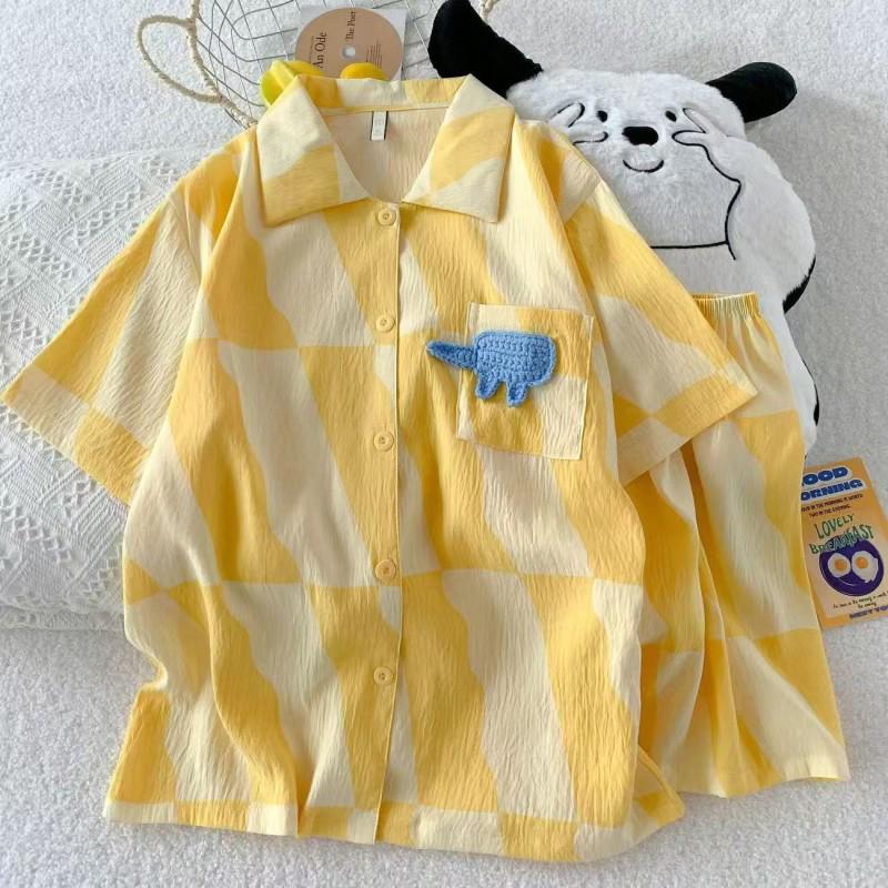 Women's Summer Cloud Cotton Pajama Set: Sweet Cute Cardigan with Short-Sleeved Top and Shorts.