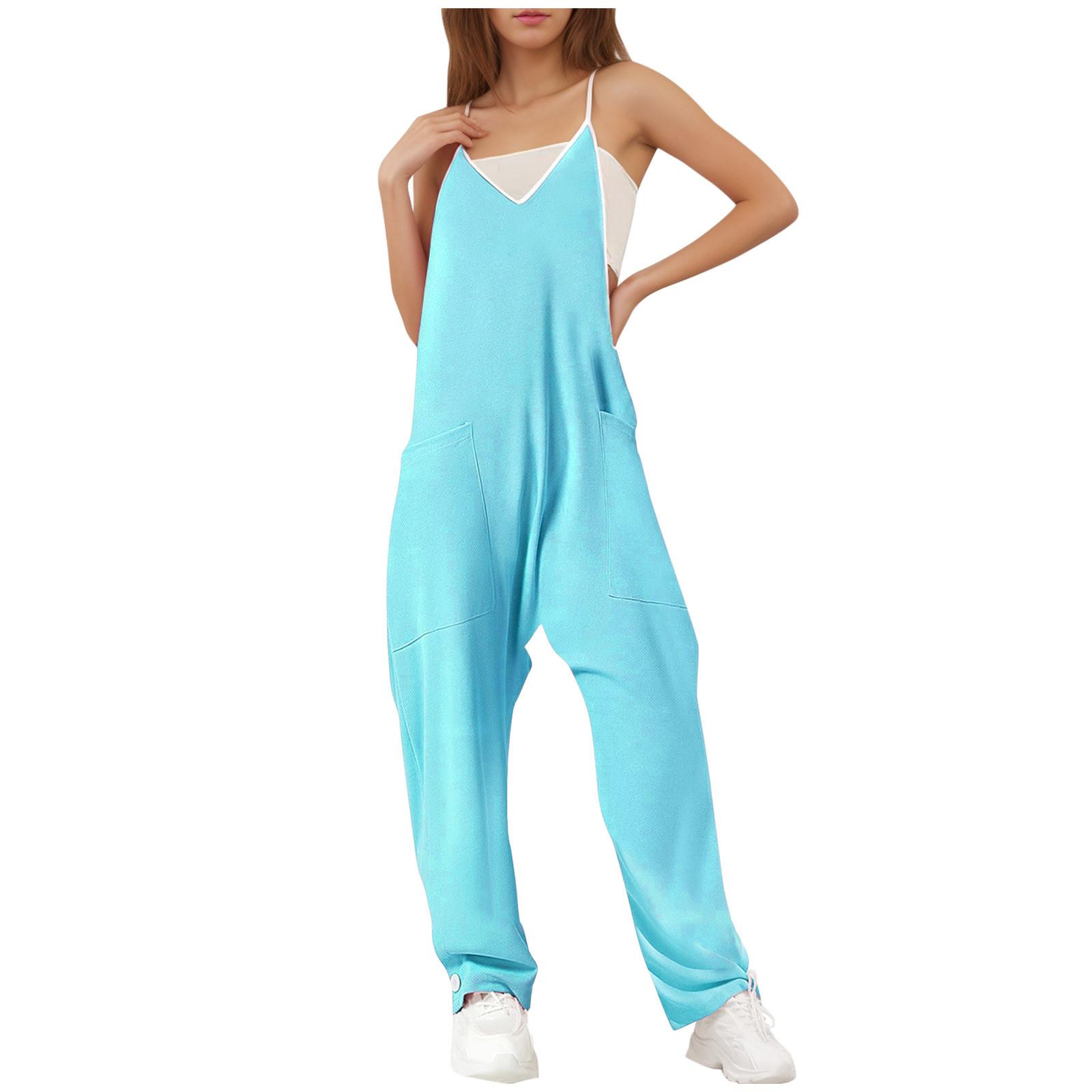 

YYFS Женская мода Повседневная Летняя Весна Однотонный Принт Без Рукавов V-образный вырез Высокая Талия Брюки Комбинезоны и Ромперы XXL небесно-голубой