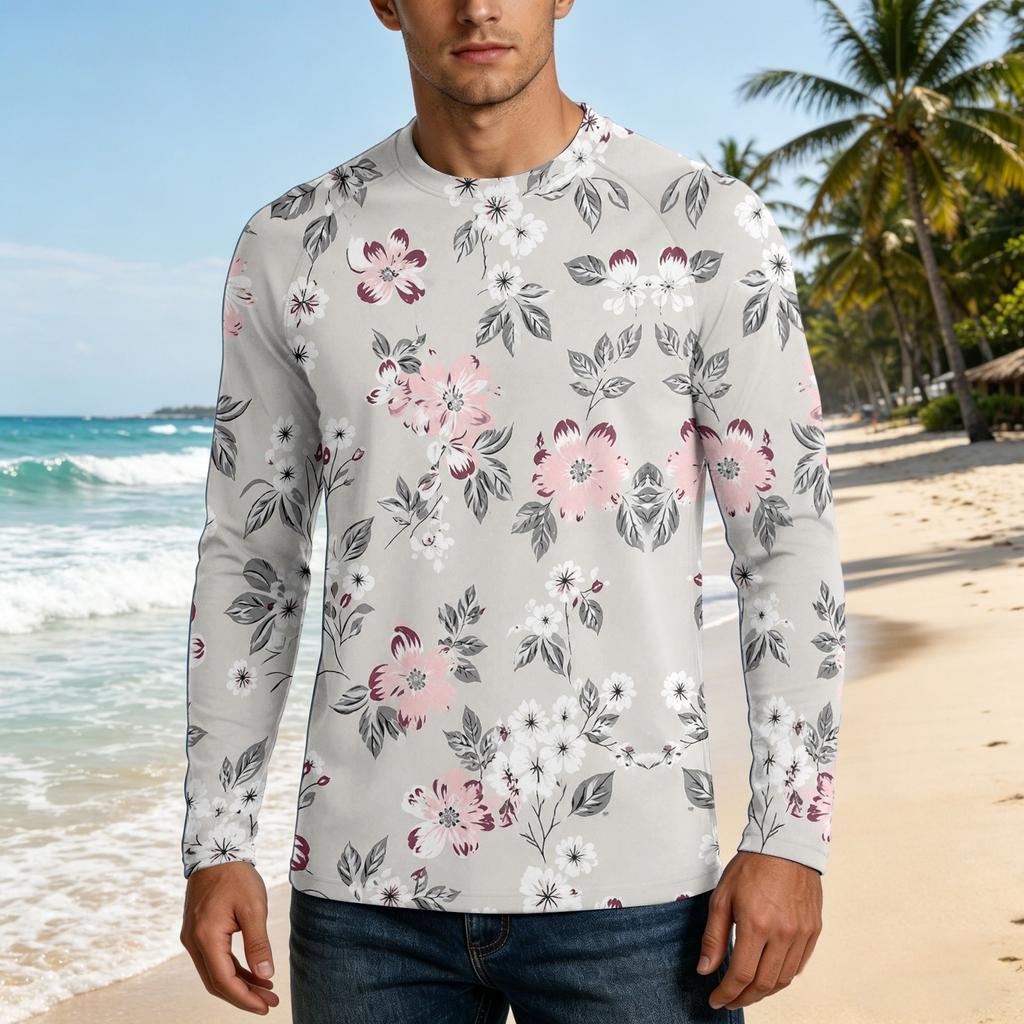 Men Long Sleeve UPF50 Plus Sun Protection Shirt UV Blocking Outdoor Sports Fishing Casual Top Floral Print Lightweight Fabric