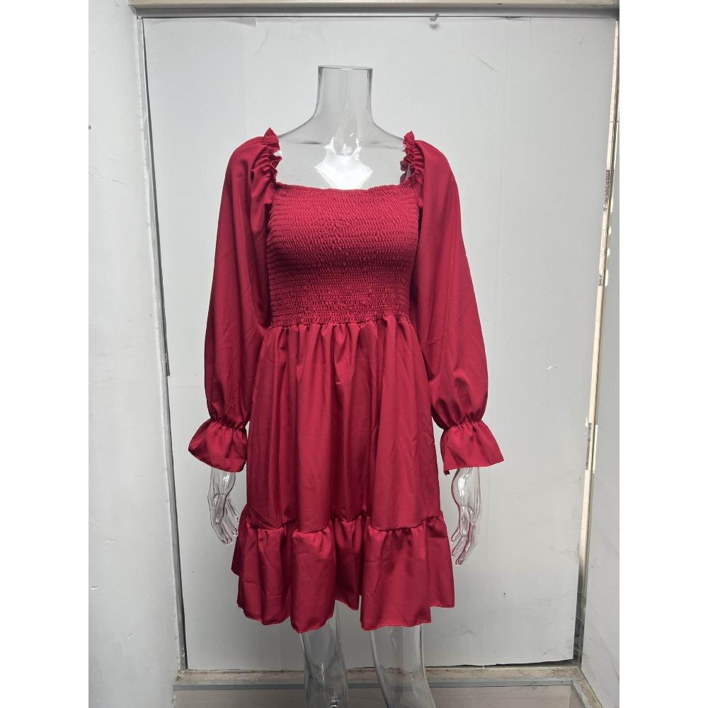 European and American French Simple Square Collar Parallel Crepe Sewing Body Ruffled Hem Dress