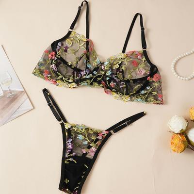 Conjunto de Sujetador de Encaje para Mujer Sexy con Aros Push Up Sin Relleno Ahuecado Lencería Sexy Conjunto de Tanga