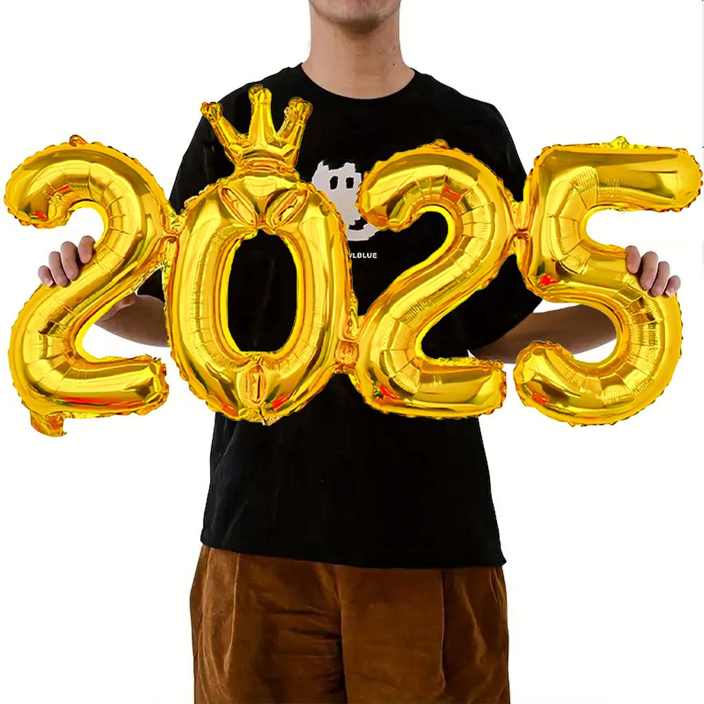 15pcs2025 Crown Number Foil Balloons, Happy New Year Letter Balloons, Suitable for New Year's Eve Party, Christmas Party