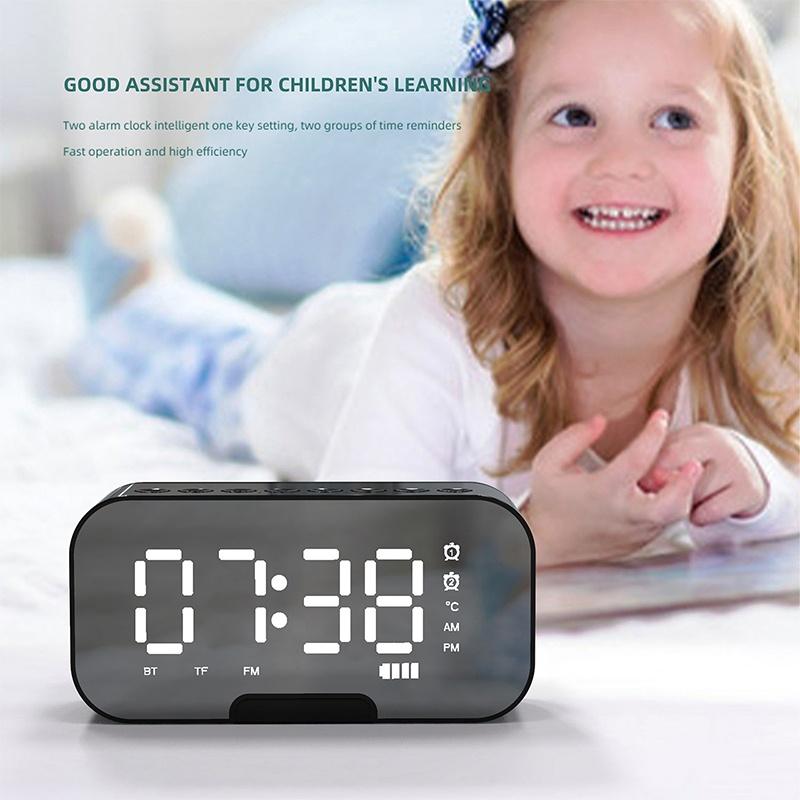 Digital Mirror Surface Alarm Clock With Bt Speaker Fm Radio Dual Alarms Electronic Desktop Clock Rechargeable Portable Player