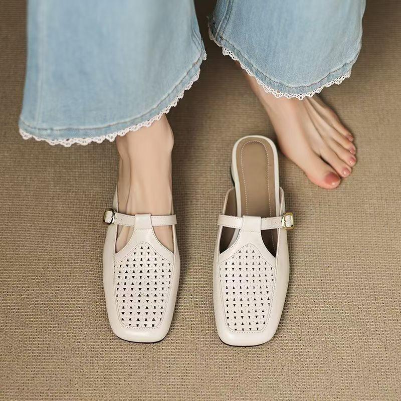 Skinny and Tall Retro Baotou Half Slippers Women's Summer Wear Thick Heels and Inner Height Increase One Pedal Woven Breathable Sandals