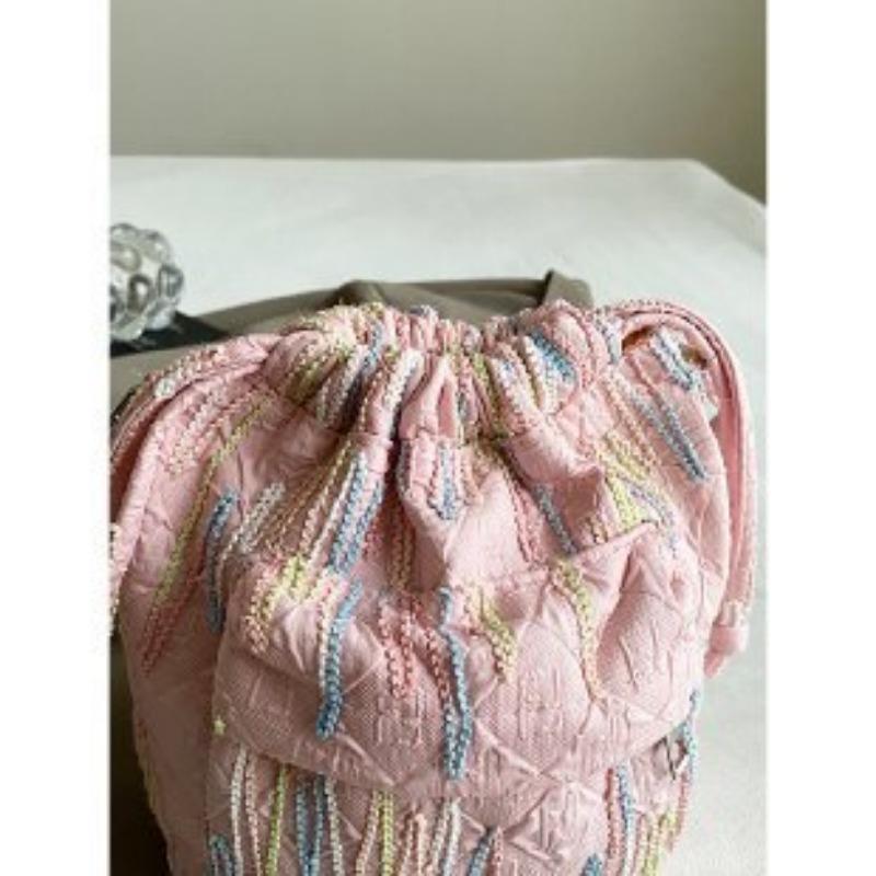 Fashion Rainbow Stripes Embroidery Pleated Bucket Bag Chain Single Shoulder Crossbody Bag Bag