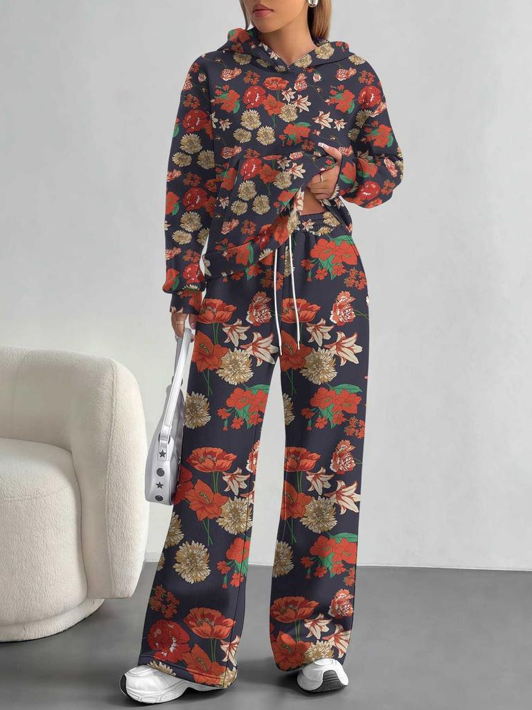 Europe, America Autumn and Winter 1116 Casual Retro Flower Long-sleeved Suit Women's Hooded Sweater Trousers Two-piece Set