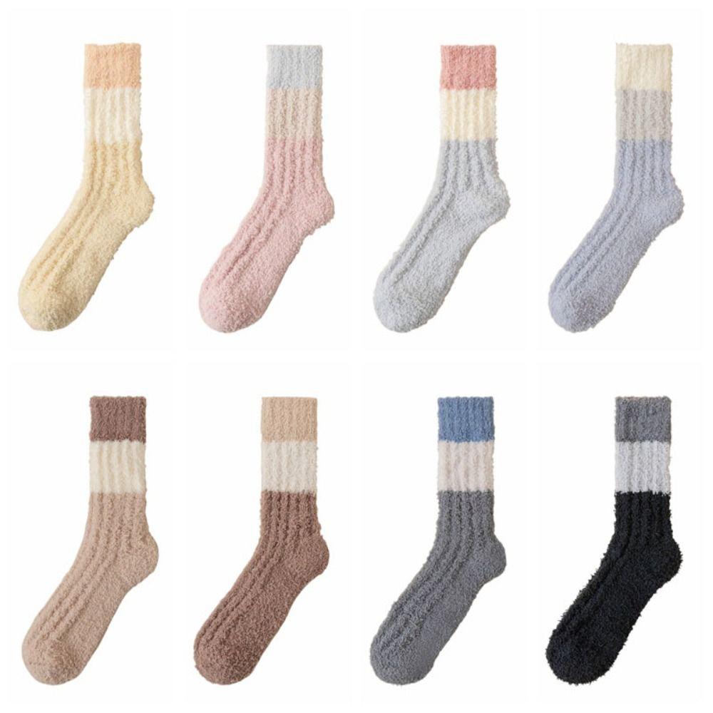 3Pairs Thickened Floor Plush Socks Stripe Mid Tube Socks Women Kawaii Coral Fleece Socks Autumn