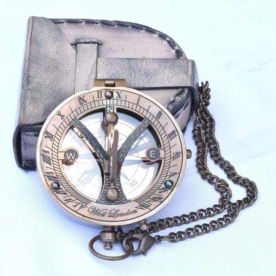 Brass Nautical Sundial Pocket Compass with Leather Case Cane Gift