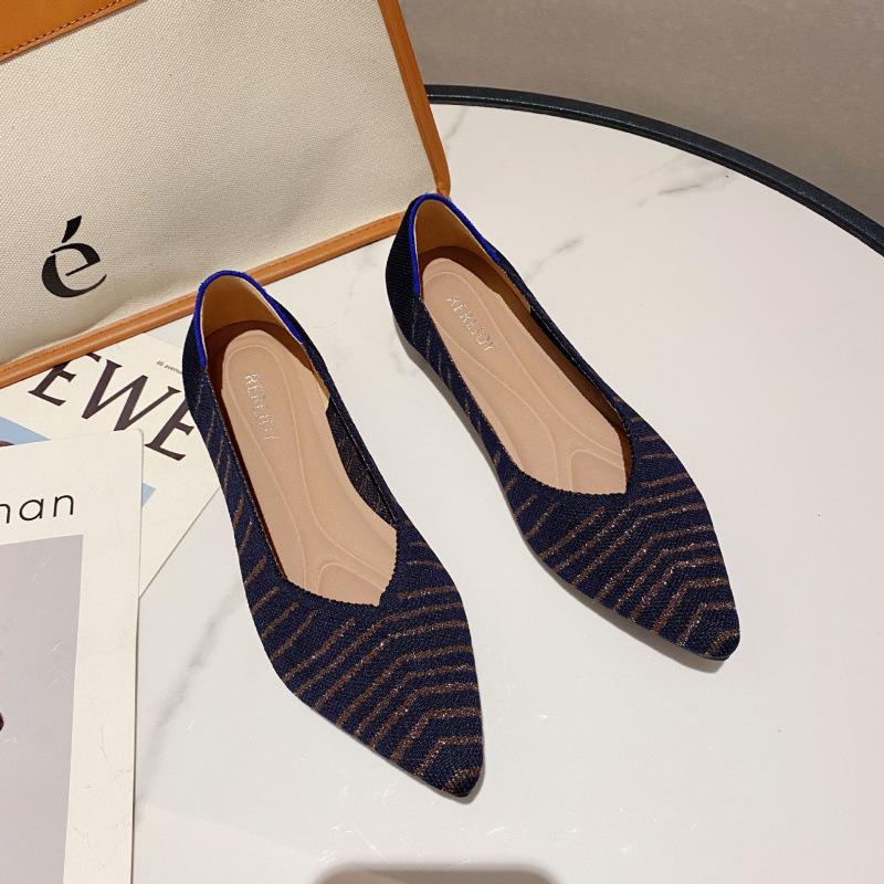 Flying woven single shoes women's spring and autumn new comfortable soft sole shallow mouth pointed flat bottom professional work shoes