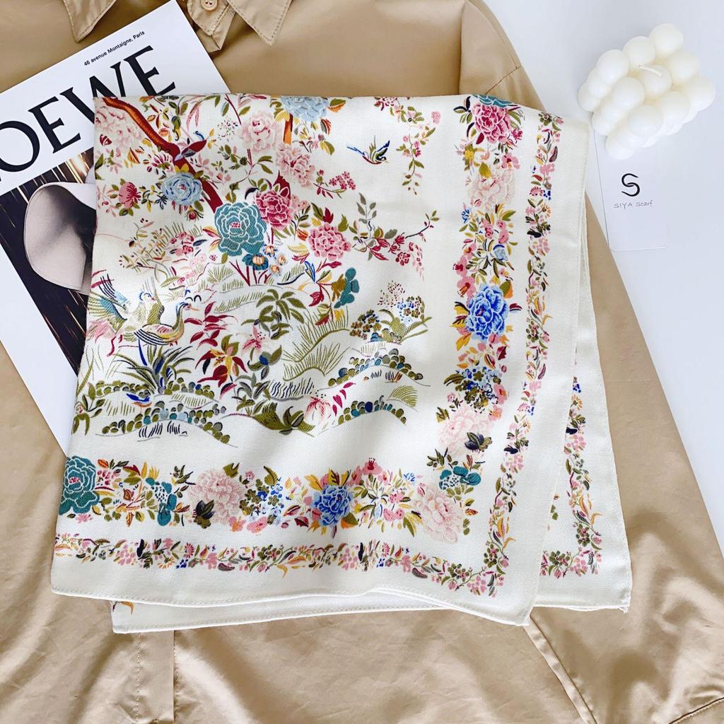 Korean Style Silk Square Scarf with Butterfly & Flower Print - Women's Fashion Accessory, Neck Tie, or Hair Scarf - Ideal Mother's Day Gift