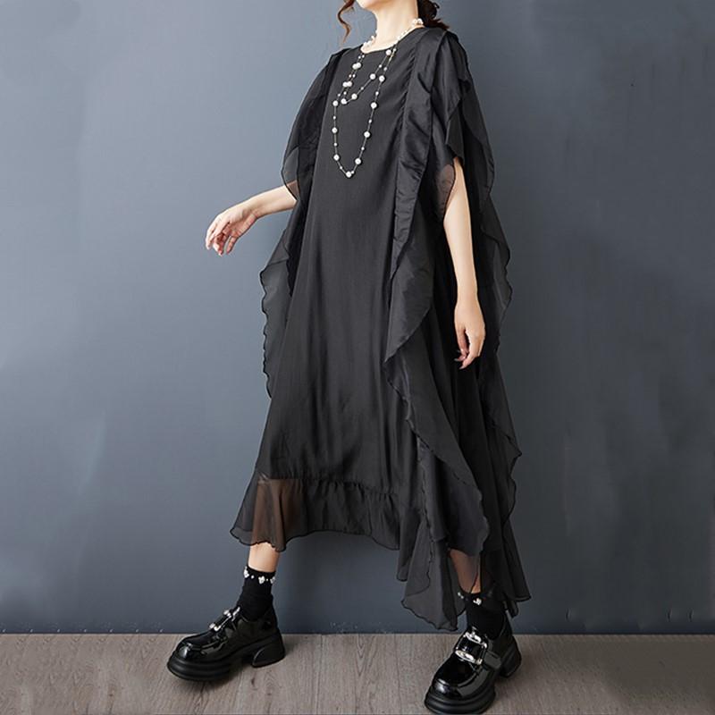 Rochie neagră vintage cu mânecă scurtă, mărimi mari, nouă, pentru femei, casual, largă, lungă, de vară