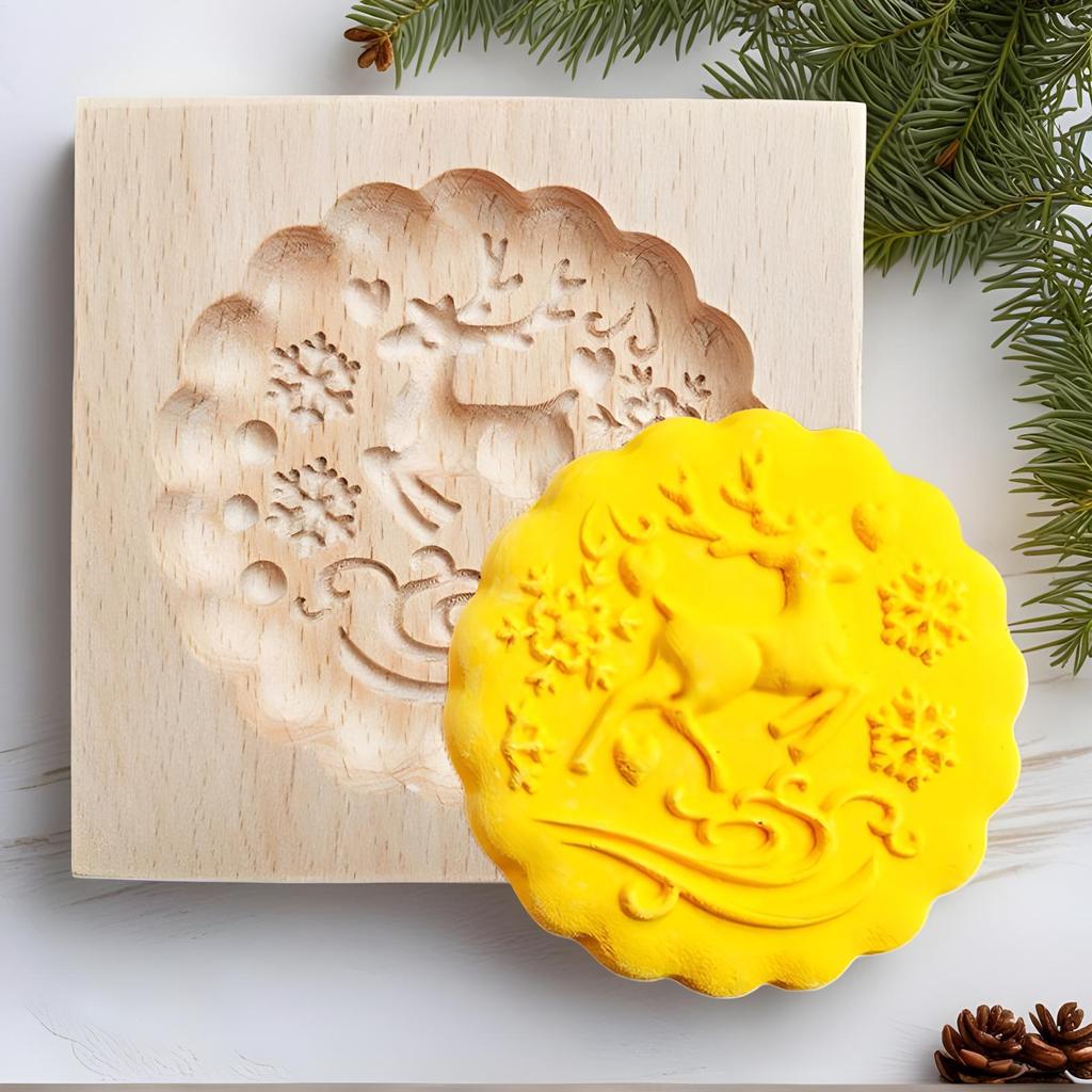 Wooden Cookie Molds For Christmas DIY 3D Engraved Embossed Biscuits Cutter Moulds Xmas Tree Snowman Santa Claus Gingerbread