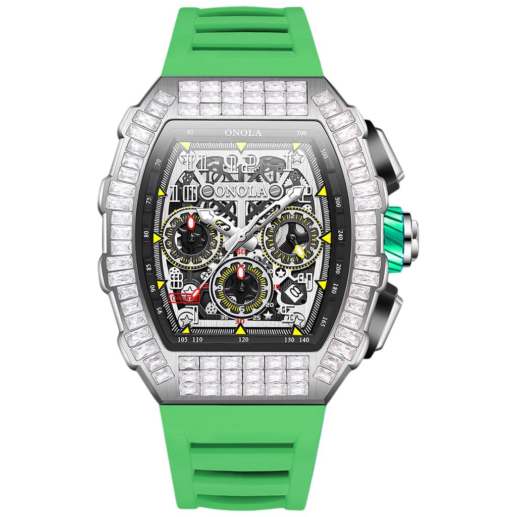 Men's Fashion Full Diamond Automatic Luminous Mechanical Watch Multi Functional Three Eye Calendar Dial Sports Watch