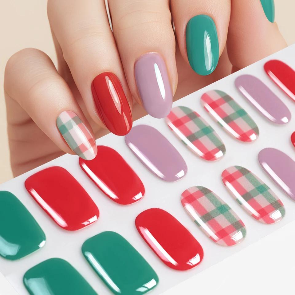 16 Tips Mini Flower Semi-Cured UV Gel French Style Dark Red Self Adhesive Nail Stickers Wraps