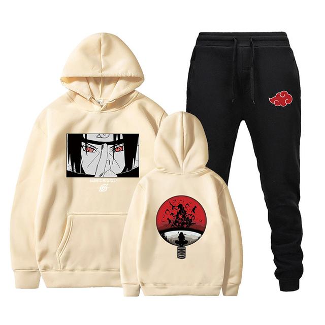Mangaportrait Men Hoodie & Jogger Set, B&W Anime Face Art and Red Circle Back Print, Thick Fleece Two Piece Outfit for Anime Street Sports