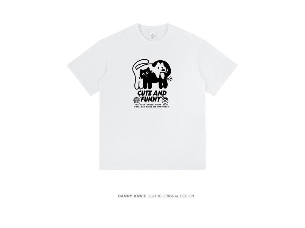 2024 Trendy Cartoon Cats & Dogs Print Unisex Cotton T-Shirt