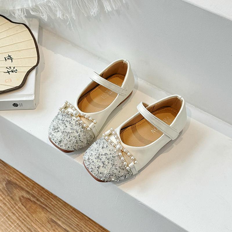 Girls Leather Shoes for Party Wedding Fashion Children Rhinestone Princess Shoes Kids Shallow Flats Mary Jane Shoe Anti-Slippery