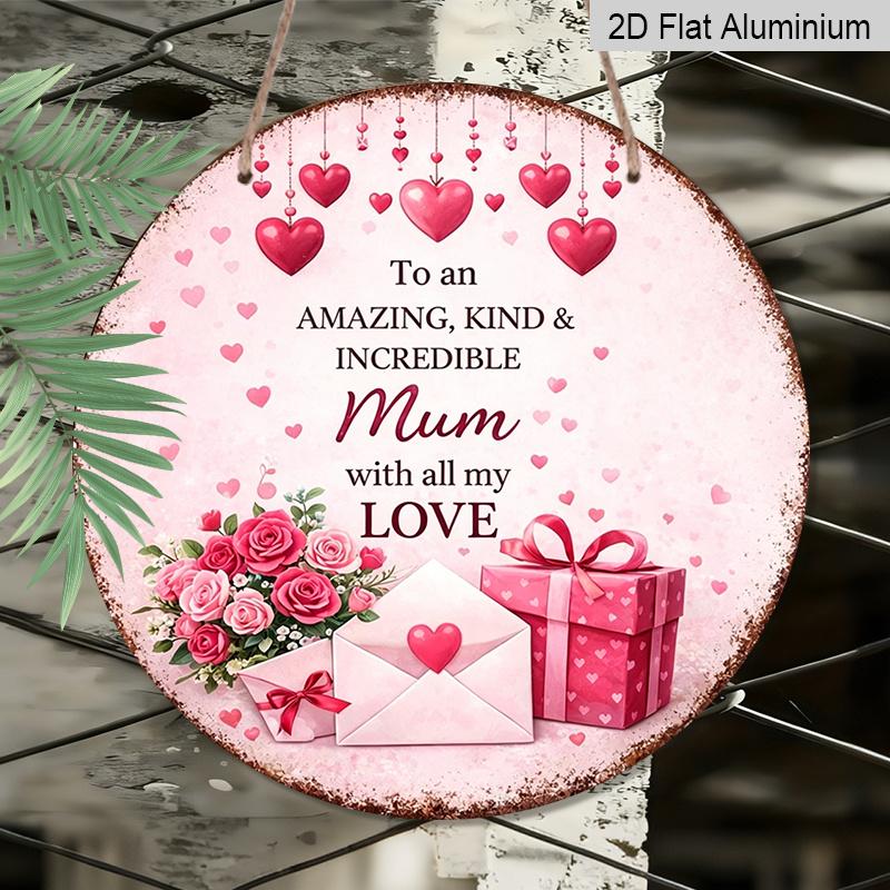 2D Flat, 1pc Round Aluminum Hanging Sign - "To an Amazing Mum" Pink Heart & Rose Metal Wall Art, Sweet Love Quote Design, Perfect for Mother's Day