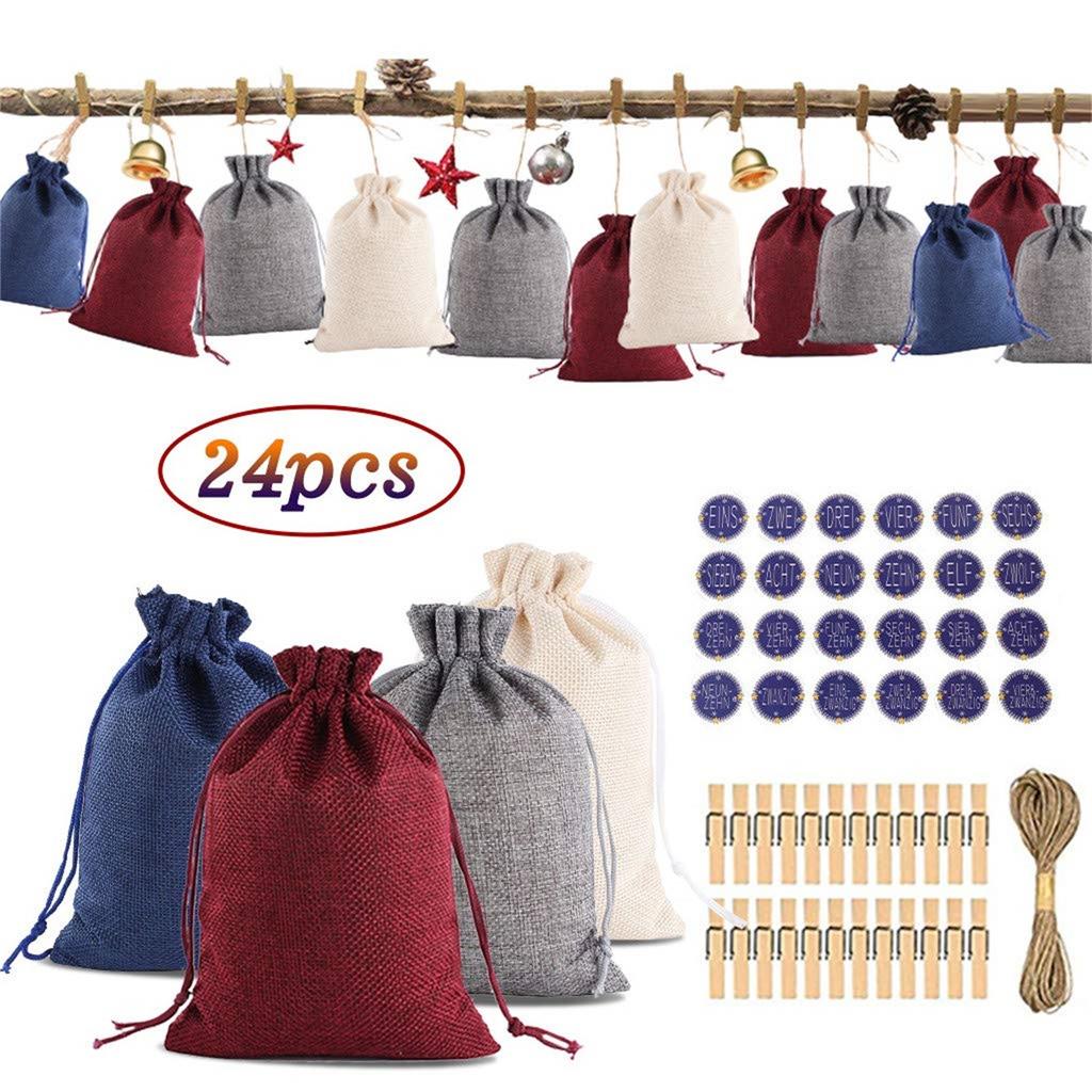 24PCS Christmas Themed Printed Linen Candy Bags Christmas Pattern Candy Bag Advent Calendar Bundle Cotton Linen Gift Bag