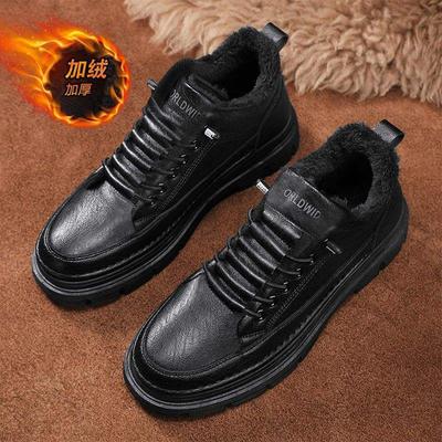 Men's Shoes 2025 Winter New Black Work Chef Casual Leather Shoes Piled Thickened Warm Outdoor Sports Cotton Shoes