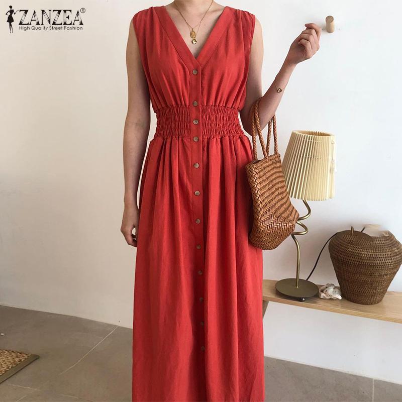 

ZANZEA Женщины Лето Повседневное Платье Slim Fit Однотонное V-образный вырез Без рукавов Длинное платье