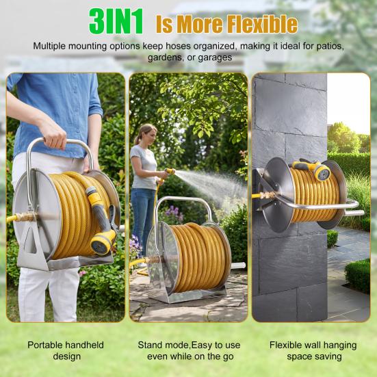 Water Hose Reel Stainless Steel Garden with 6.5ft Leader Pipe, Wall/Floor Mounted Metal Wall Mount Crank Handle, Holds 5/8" X 75ft or 1/2" 130ft