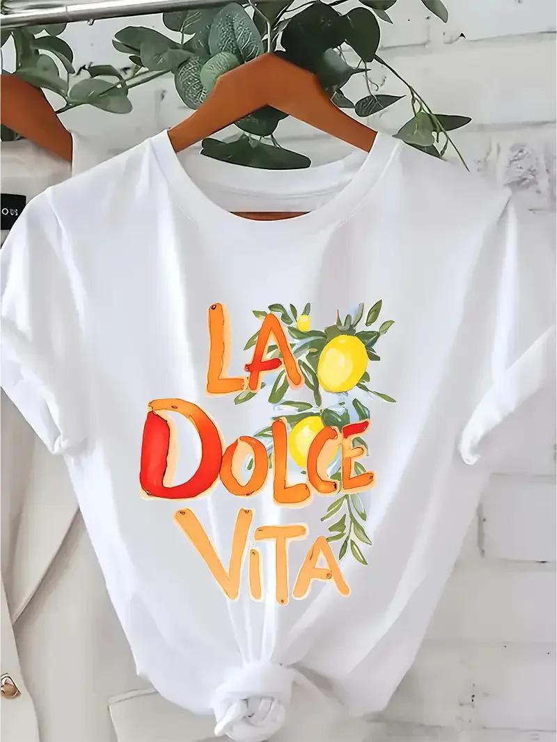 

T Shirt La Dolce Vita Lemon Print Short Sleeve Clothing Womens TShirt Harajuku Graphic Clothing Womens Top Tee S