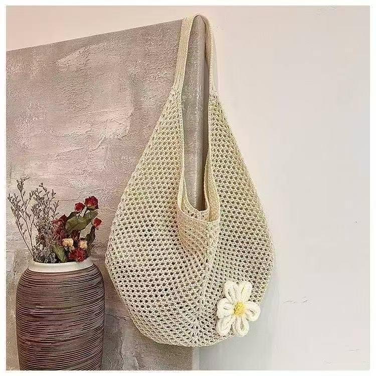 Korean Chic Crochet Mesh Shoulder Bag – Women’s Hand-Knitted Large Tote for Summer Beach