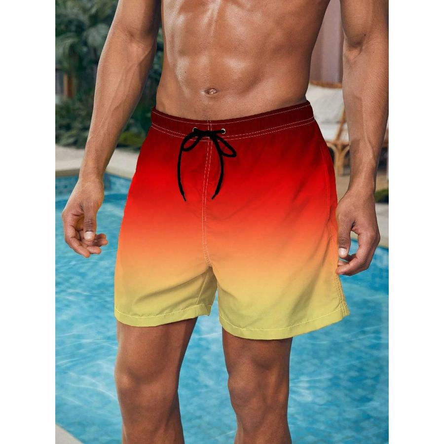 Men's Beach Shorts Gradient Color Block Drawstring Summer Men's Swim Trunks Elastic Waist 3D Print Breathable Short Streetwear