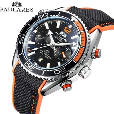 Herren-Armbanduhr, automatisch, selbstaufziehend, mechanisch, Segeltuch, Kautschukarmband, Orange, Blau, Rot, Multifunktions-Datumsmonatsuhr