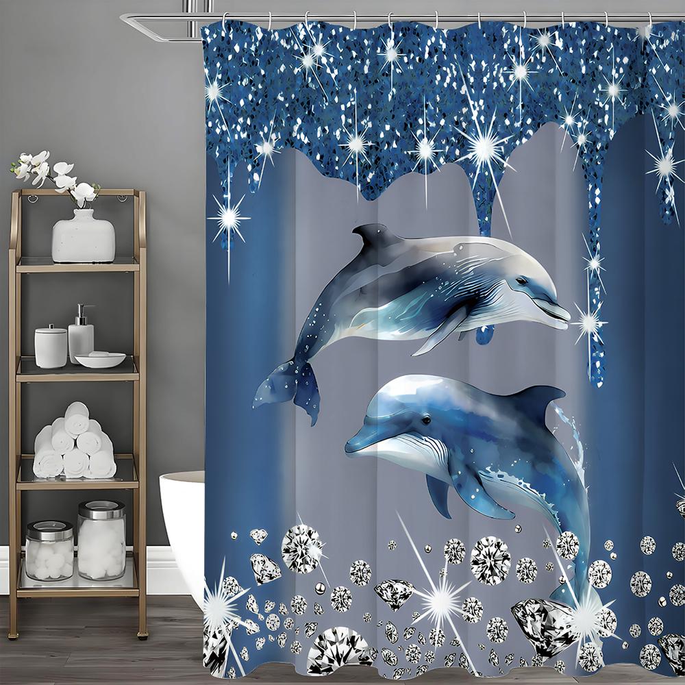 Diamond Dolphin Shower Curtain with Blue Background, Dolphin, Masonry Bathroom Decorative Shower Curtain, Waterproof Shower Curt