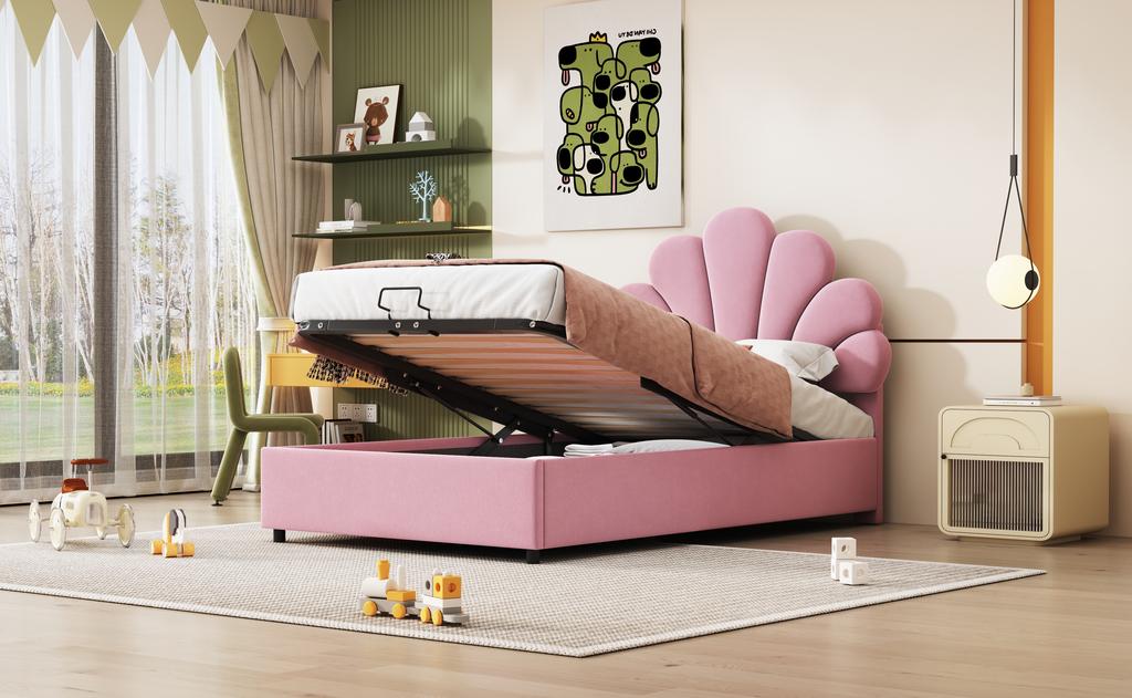 Upholstered Children's Bed 90 x 200 cm, with Floral Headboard and Slatted Frame, with Height-Adjustable and Hydraulic Storage, Velvet Fabric, Pink