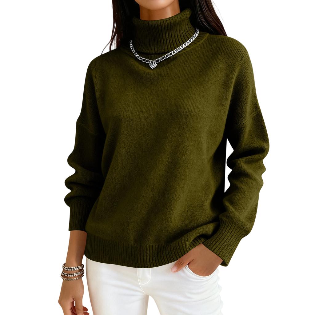 Women's Fashionable Color High Neck Long Sleeved Knitted Sweater Pullover Sweater Top